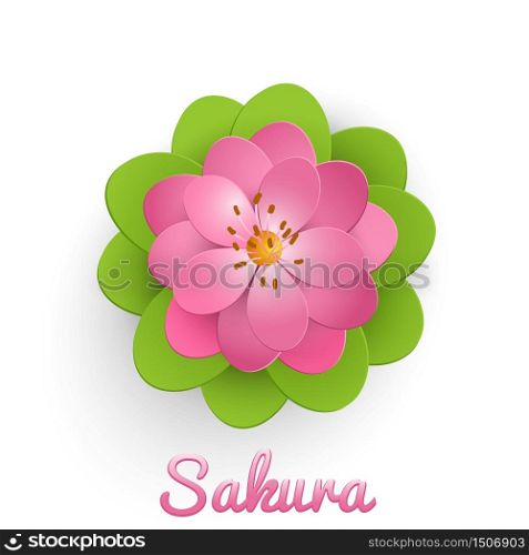 Vector isolated paper cut sakura flower with green leaves. Floral volumetric composition. Elegant element for invitaion cards.