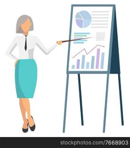 Vector isolated person studying business issues, financial education. Woman standing near board with graphs and charts pointing on chatboard with data analysis. Isolated Person Studying Business Issues, Finance