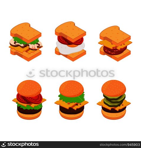 Vector isometric burger and sandwich types set illustration. Hamburger delicious with cucumber and ingredients. Vector isometric burger and sandwich types set illustration