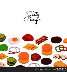 Vector isometric burger ingredients background with place for text illustration. Colored banner and poster. Vector burger ingredients background with place for text illustration