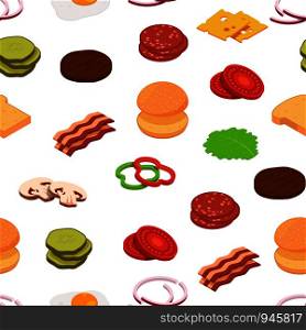 Vector isometric burger ingredients background with place for text illustration. Colored pattern food. Vector isometric burger ingredients pattern background illustration