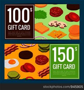 Vector isometric burger ingredients discount or gift voucher templates illustration. Vector burger discount or gift templates illustration