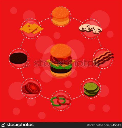 Vector isometric burger ingredients infographic concept illustration. Chart instruction colored. Vector isometric burger ingredients infographic breakfast bun