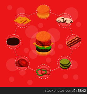 Vector isometric burger ingredients infographic concept illustration. Chart instruction colored. Vector isometric burger ingredients infographic breakfast bun