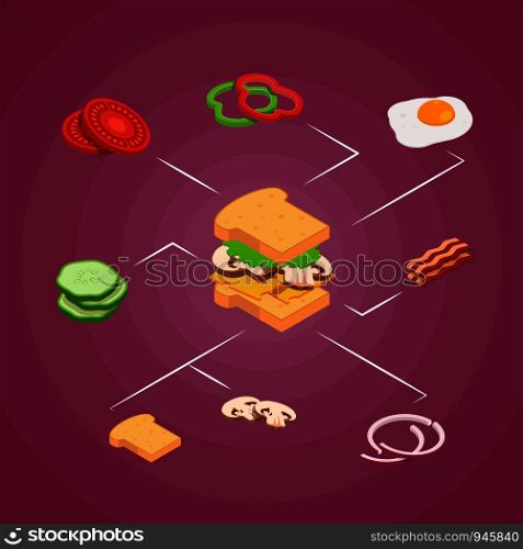 Vector isometric burger ingredients infographic concept illustration. Colored 3d banner and poster. Vector isometric burger ingredients infographic concept illustration