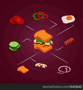 Vector isometric burger ingredients infographic concept illustration. Colored 3d banner and poster. Vector isometric burger ingredients infographic concept illustration