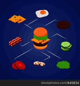 Vector isometric burger ingredients infographic concept illustration. Sandwich hamburger and cheeseburger ingredient info graphic. Vector isometric burger ingredients infographic concept illustration