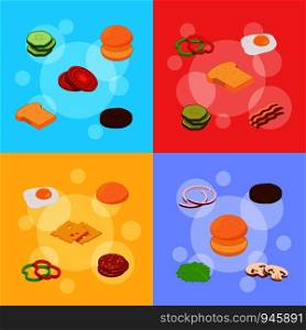 Vector isometric burger ingredients infographic of collection concept illustration in color background. Vector isometric burger ingredients infographic concept illustration