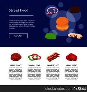 Vector isometric burger ingredients landing page template illustration. Info banner poster. Vector isometric burger ingredients illustration banner and poster