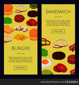 Vector isometric burger ingredients web banner templates illustration. Web poster with food. Vector isometric burger ingredients web banner templates illustration