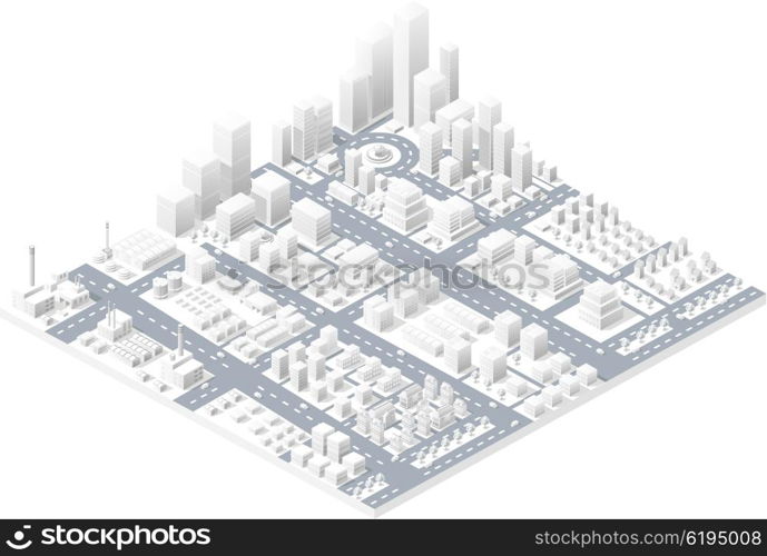 Vector isometric center of the city on the map with a large number of buildings, skyscrapers, factories, parks and vehicles. Isometric view of a large modern city business.