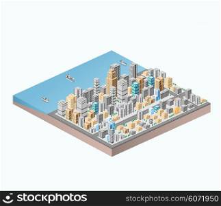 Vector isometric city center on the map with a large number of buildings, skyscrapers, roads and sea coast