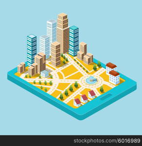 Vector isometric city center on the map with lots of buildings, skyscrapers, factories, and parks. Picture in style flat