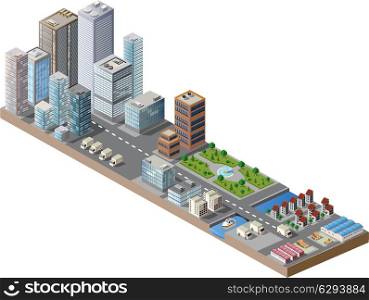 Vector isometric city center on the map with lots of buildings, skyscrapers, factories, and parks
