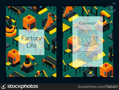 Vector isometric conveyor elements card, flyer or brochure template illustration. Vector isometric conveyor elements card
