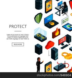 Vector isometric data and computer safety icons background with place for text illustration. Web banner for computer company. Vector isometric data and computer safety icons background with place for text illustration
