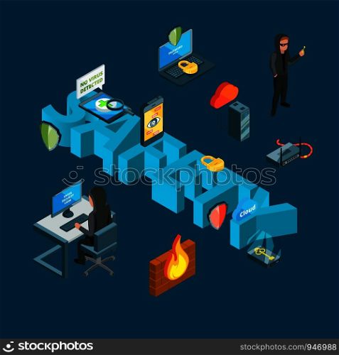 Vector isometric data and computer safety icons infographic concept illustration. Safety isometric, laptop security network, connection computing privacy. Vector isometric data and computer safety icons infographic concept illustration