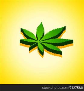 vector isometric design green color cannabis leaf marijuana design icon with shade isolated yellow background . cannabis marijuana isometric design illustration