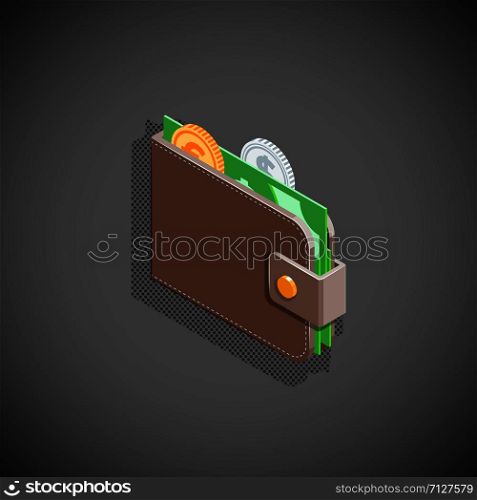 vector isometric design silver gold shiny coins green bank note money in brown leather wallet illustration isolated dark background. isometric wallet with money illustration