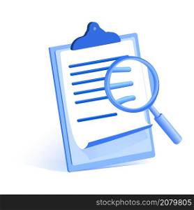 vector isometric document icon on a work tablet with a magnifying glass