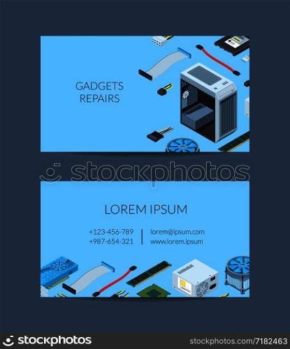 Vector isometric electronic devices business card template for electronics shop or repair service illustration. Vector isometric electronic devices business card template