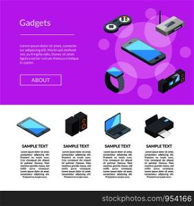 Vector isometric gadgets icons landing page template with text info illustration. Vector isometric gadgets icons landing page template illustration