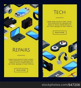Vector isometric gadgets icons web banner and poster page templates illustration. Gadgets banners. Vector isometric gadgets icons web illustration
