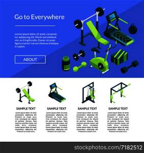 Vector isometric gym objects web site landing page template illustration. Vector isometric gym page template illustration
