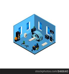 Vector isometric hospital interior with furniture and medical equipment illustration. Medical hospital interior, isometric mri clinic equipment. Vector isometric hospital interior with furniture and medical equipment illustration