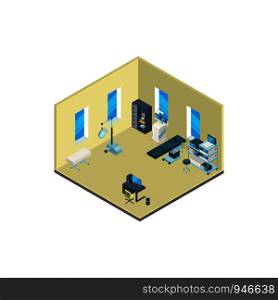 Vector isometric hospital interior with furniture and medical equipment illustration isolated on white background. Vector isometric hospital interior with furniture and medical equipment illustration