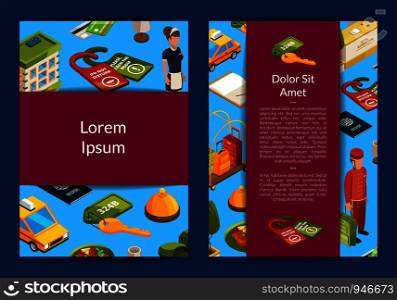 Vector isometric hotel icons card or flyer web template illustration. Vector isometric hotel icons card