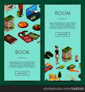 Vector isometric hotel icons web banner templates and colored poster illustration. Vector isometric hotel icons web banner templates illustration