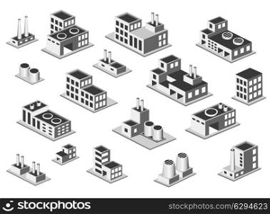 Vector isometric icon set factory production buildings on white background
