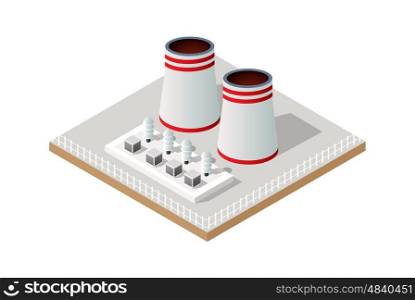 Vector isometric icon. Vector isometric icon of factory infrastructure element industrial landscape and garbage recycling plant with buildings and trees