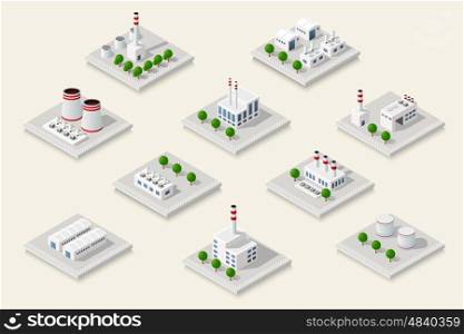 Vector isometric icon. Vector set isometric icon of factory infrastructure element industrial landscape and garbage recycling plant with buildings and trees