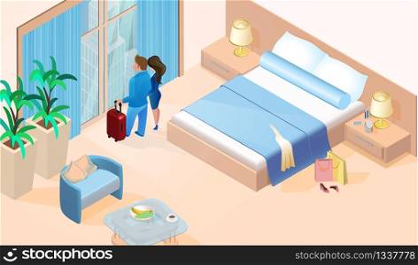 Vector Isometric Illustration Couple Woman Man with Luggage near Window Cozy Modern Simple Hotel Room. Luxury Contemporary Apartment with Bed, Table, Armchair for Vacation Trip Travel Honeymoon. Couple Woman and Man with Luggage near Window