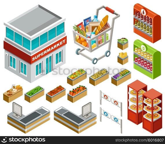 Vector isometric illustration of a supermarket on a white background