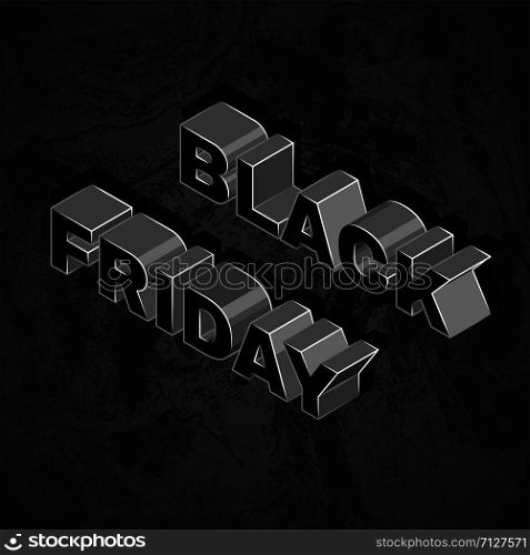 vector isometric lettering mockup BLACK FRIDAY inscription percent sign advertising banner template promotion layout dark textured background. isometric advertising promotion banner template