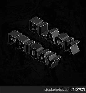 vector isometric lettering mockup BLACK FRIDAY inscription percent sign advertising banner template promotion layout dark textured background. isometric advertising promotion banner template