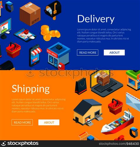 Vector isometric logistics and delivery icons. Web banne and poster page templates illustration. Vector isometric logistics and delivery icons web banner templates illustration