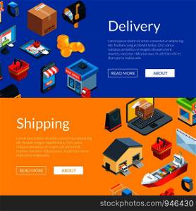 Vector isometric logistics and delivery icons. Web banne and poster page templates illustration. Vector isometric logistics and delivery icons web banner templates illustration