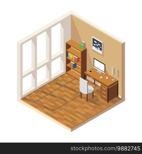 Vector isometric low poly room cutaway icon. Room includes furniture - working table with computer.