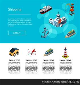 Vector isometric marine logistics and seaport landing page template illustration. Web banner logistic and delivery cargo transportation. Vector isometric marine logistics and seaport landing page template illustration