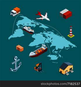 Vector isometric marine logistics and worldwide shipping on world map with pins concept illustration. Transportation logistic network world, shipping visualization. Vector isometric marine logistics and worldwide shipping on world map with pins concept illustration