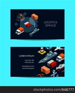 Vector isometric marine logistics or seaport company business card template illustration. Vector isometric marine logistics or seaport