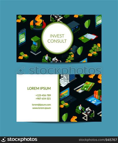 Vector isometric money flow in bank business card template for bank or finance investment and consult company illustration. Vector isometric money in bank business card