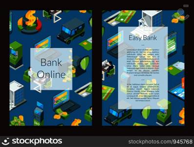 Vector isometric money flow in bank icons card or flyer template illustration. Vector isometric money flow in bank icons card