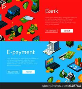 Vector isometric money flow in bank icons web banner templates illustration. Vector money flow in bank icons