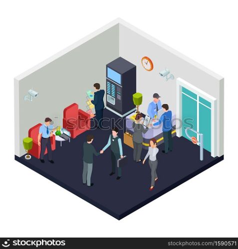 Vector isometric office lobby with security. Business people meet in lobby. Illustration of isometric interior office room, building inside. Vector isometric office lobby with security. Business people meet in lobby