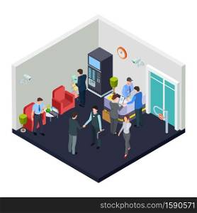 Vector isometric office lobby with security. Business people meet in lobby. Illustration of isometric interior office room, building inside. Vector isometric office lobby with security. Business people meet in lobby